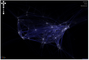 Flight Patterns data set on a Google Map by Aaron Koblin
